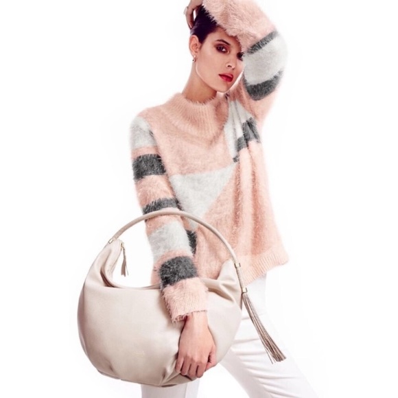 VINCE CAMUTO Pink Gray White EYELASH Geometric Mock Turtleneck Sweater Sz S - Picture 2 of 13